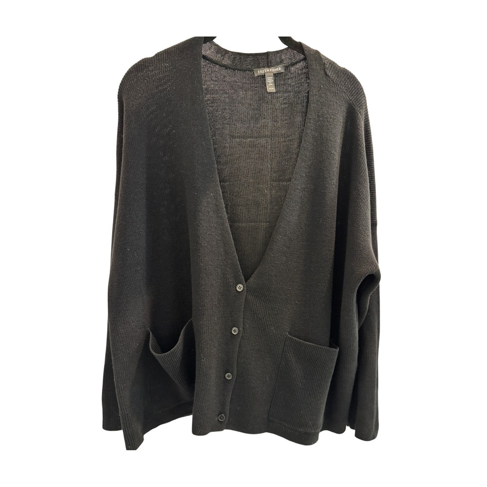 Eileen Fisher Cardigan Sweater Women XL Black Organic Linen Cotton Knit Pocket